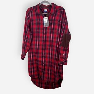 Kavu Jurnee Shirt Dress Womens Medium Red‎ Plaid Elbow Patches Logger Lumberjack